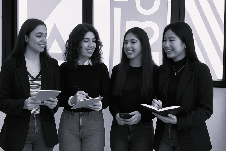 Mujeres conversando frente a ventana amarilla